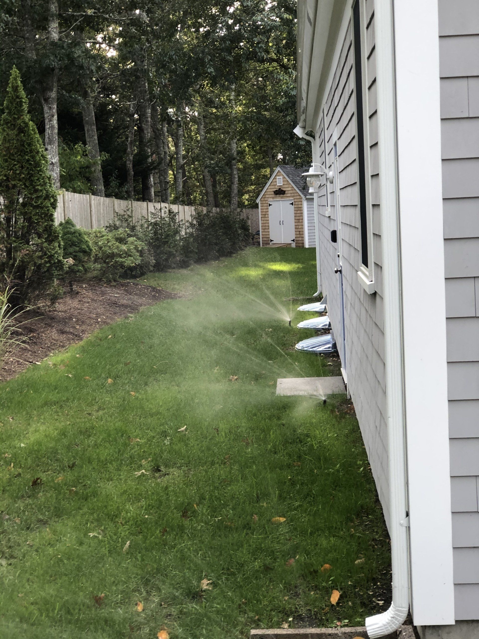 Sprinklers spray water on a lawn next to the gray siding of a house with a shed visible in the background.