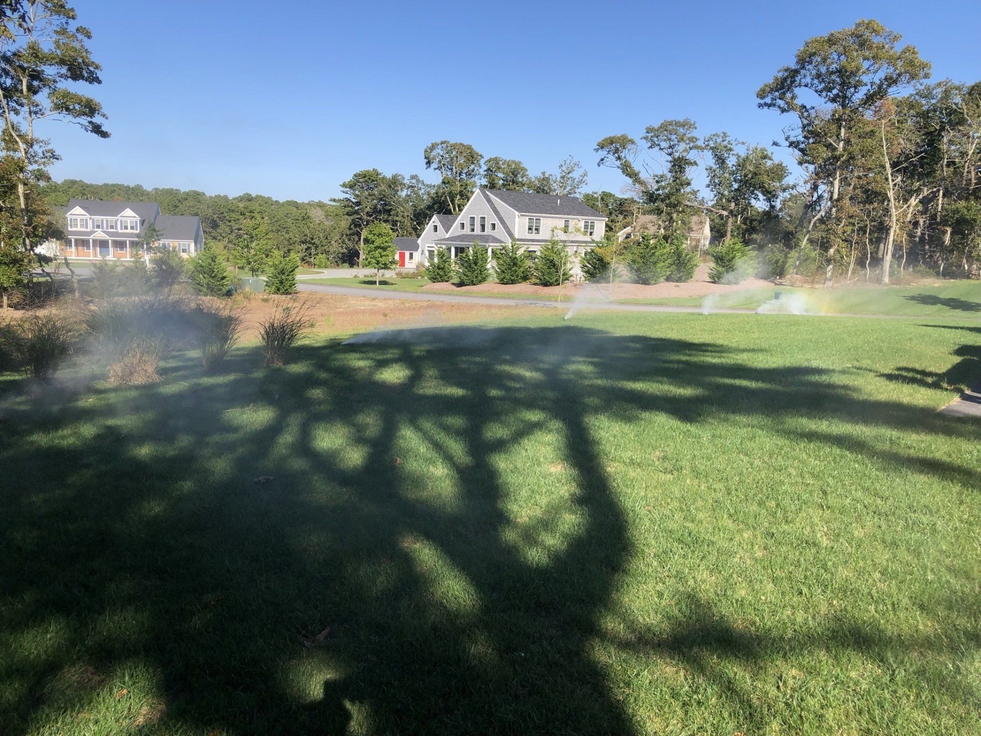 Sprinklers spray water across a bright green lawn in a suburban neighborhood with houses and trees in the background.