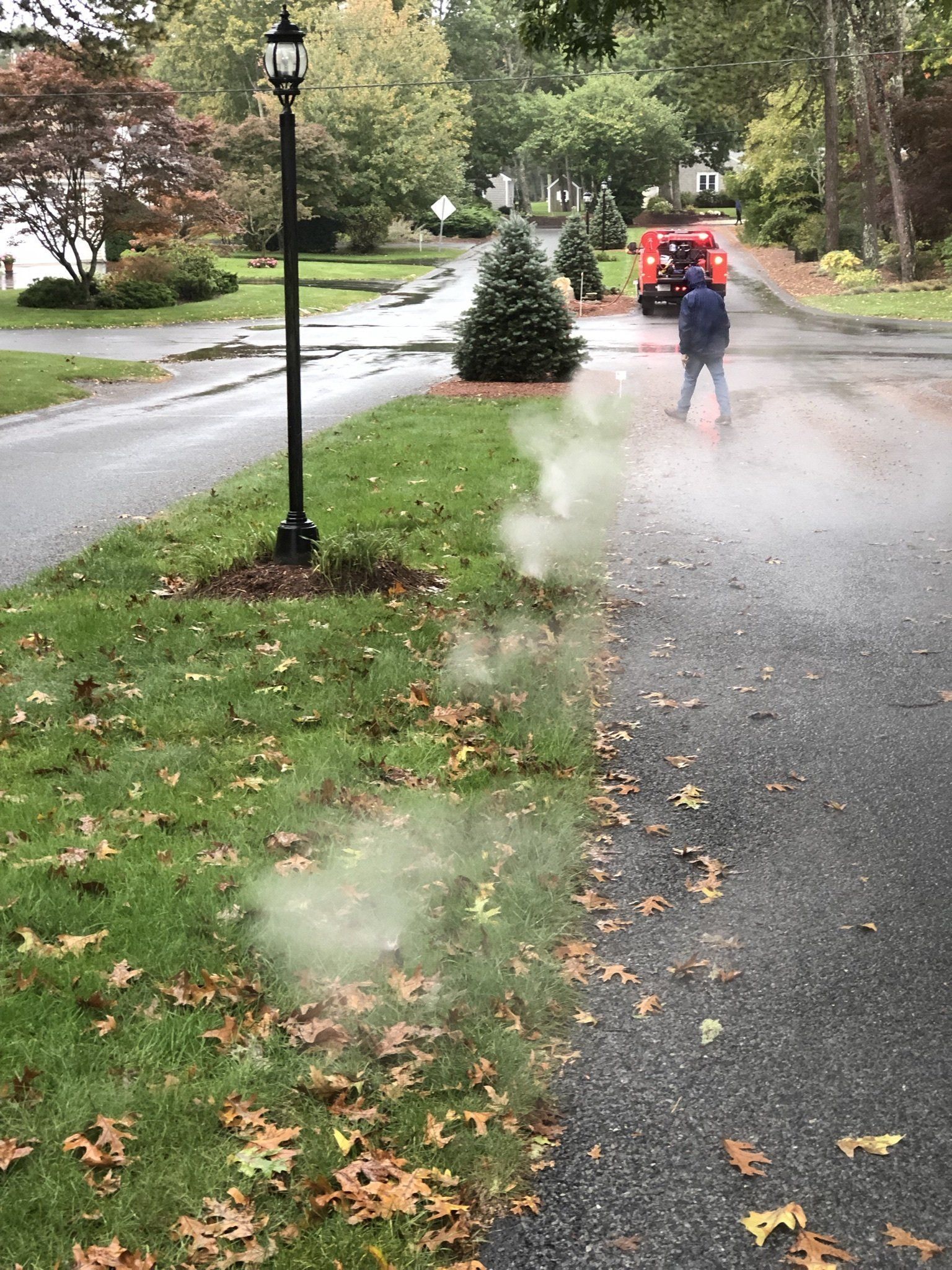 A person in a red truck spraying a fine mist over a residential street and lawn.