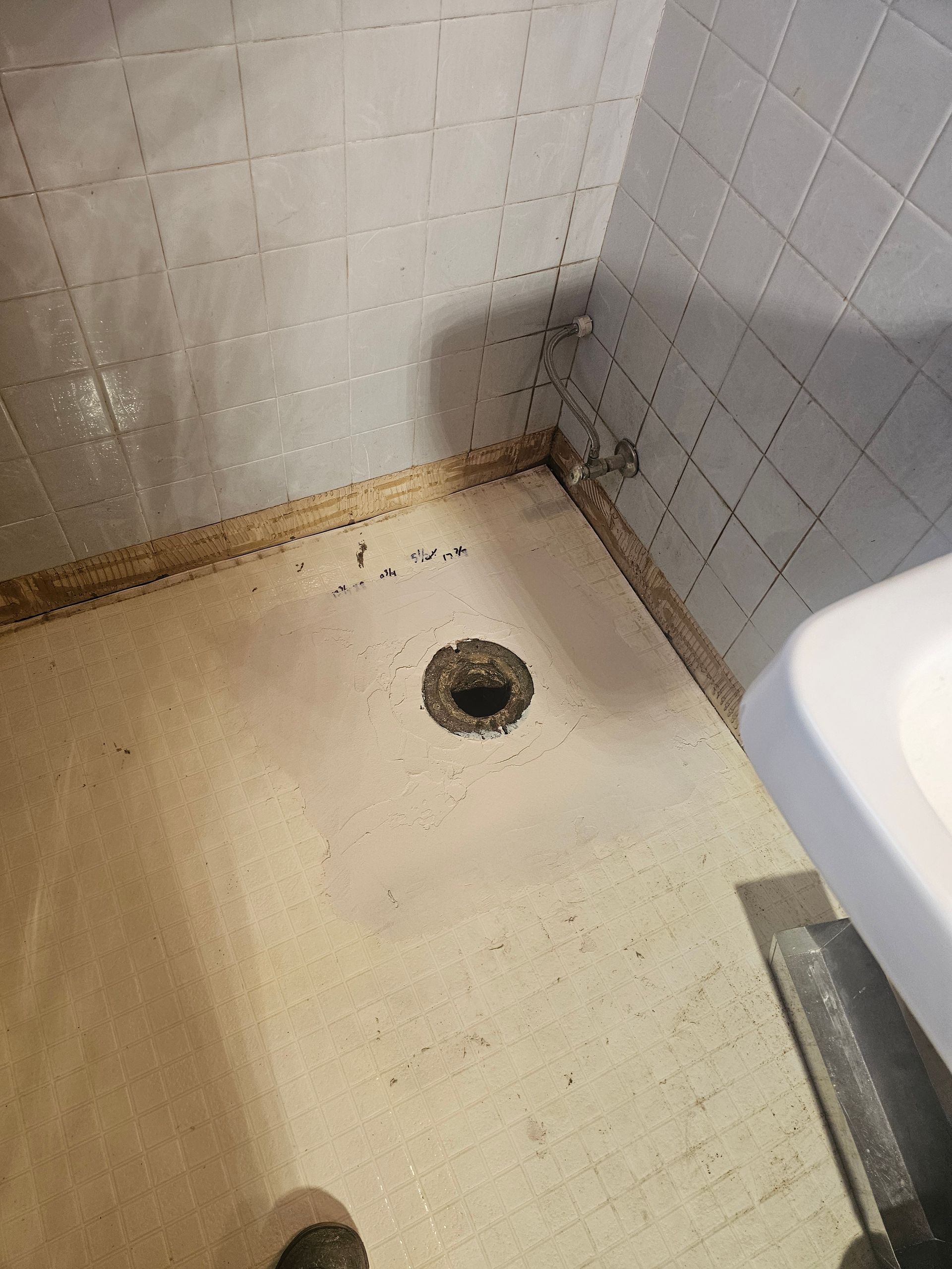 Shower floor with drain. Mold and dirt along the tile edges. A white sink edge visible.