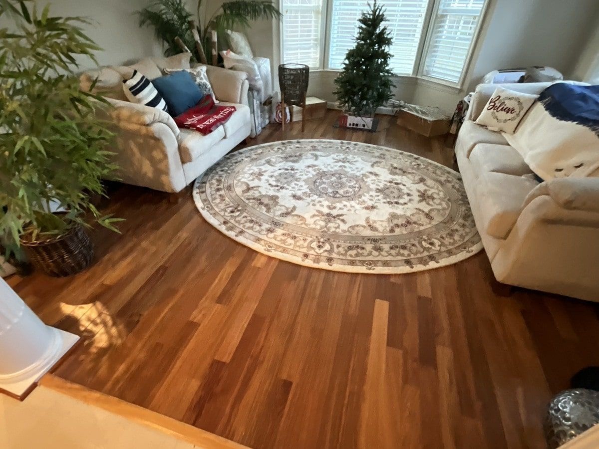 A living room with hardwood floors , a couch , a rug and a christmas tree.
