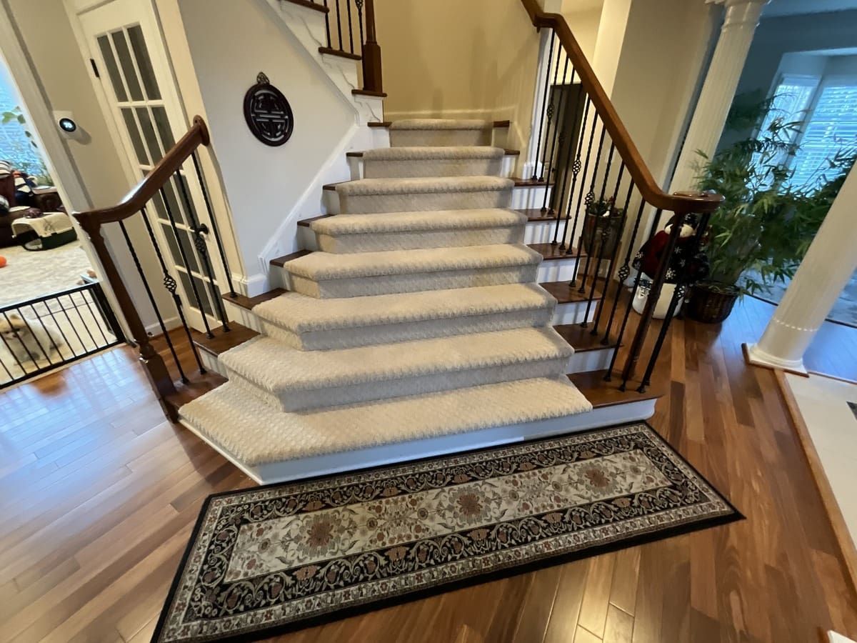 A staircase in a house with a rug on the floor