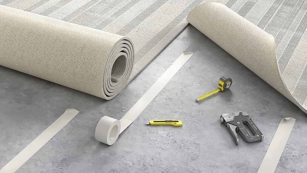 A roll of carpet is being installed on a concrete floor.
