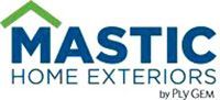 The logo for mastic home exteriors by ply gem is blue and green.