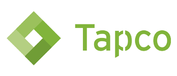 Logo of Tapco: green diamond shape with a cut-out square and the word
