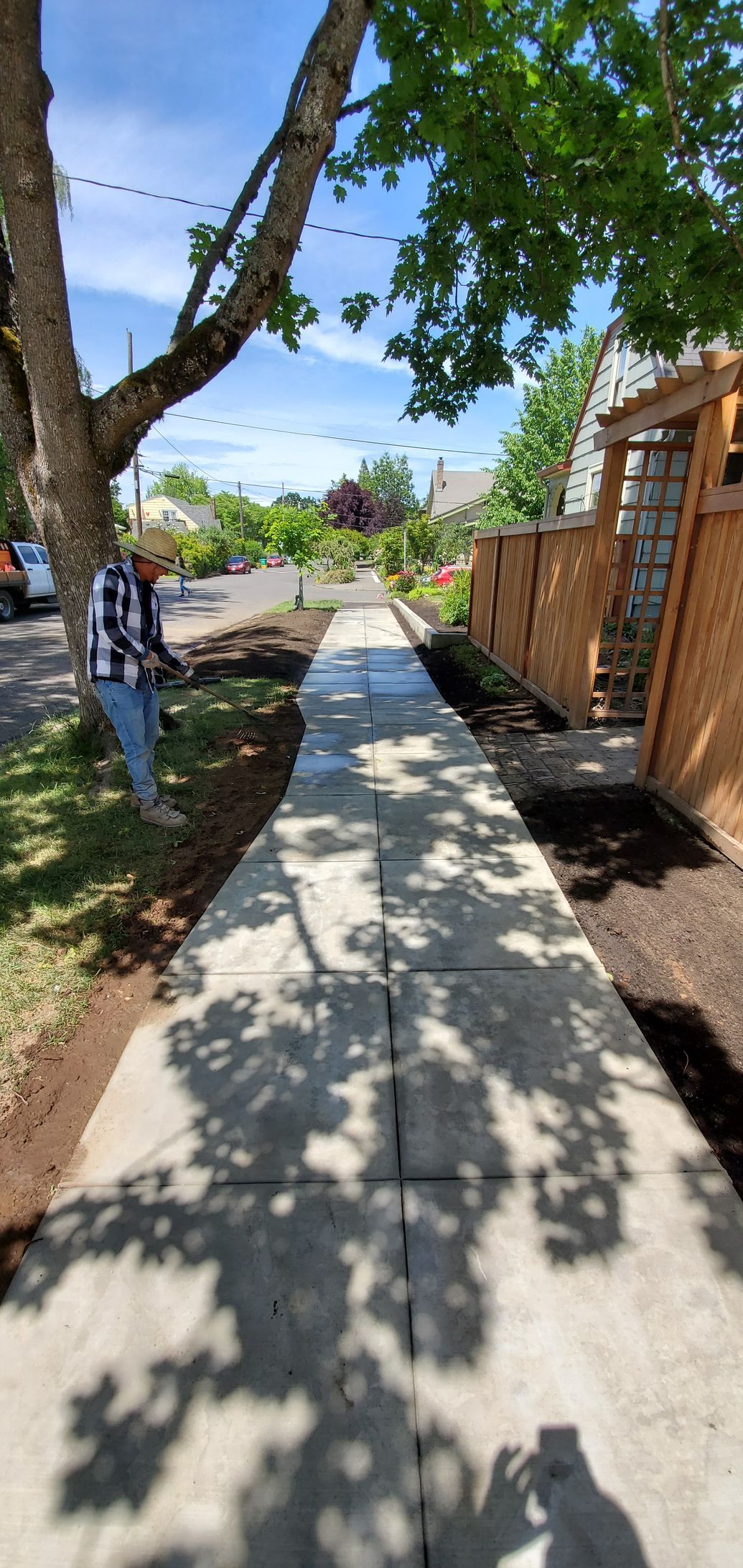 Sunny sidewalk beside a wooden fence and trees, with a person standing on the left.