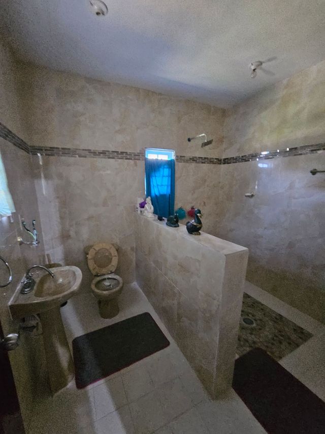Public restroom with tiled stalls, sinks, toilets, and a blue window.