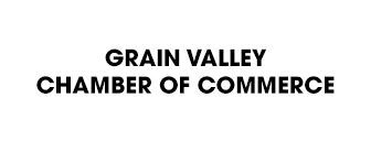 The logo for the grain valley chamber of commerce is black and white.
