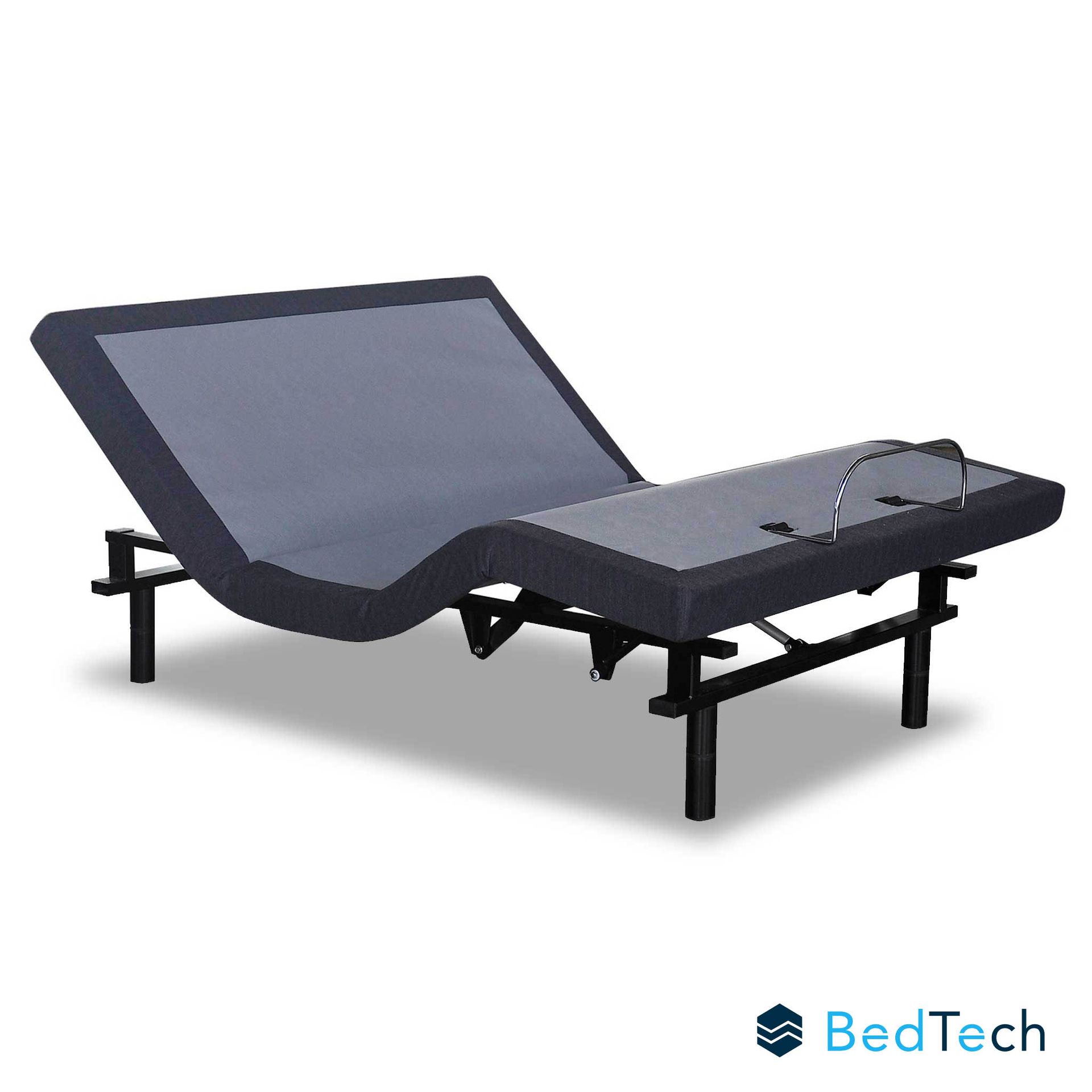 Adjustable hospital bed with raised backrest and leg section, shown in gray and black.