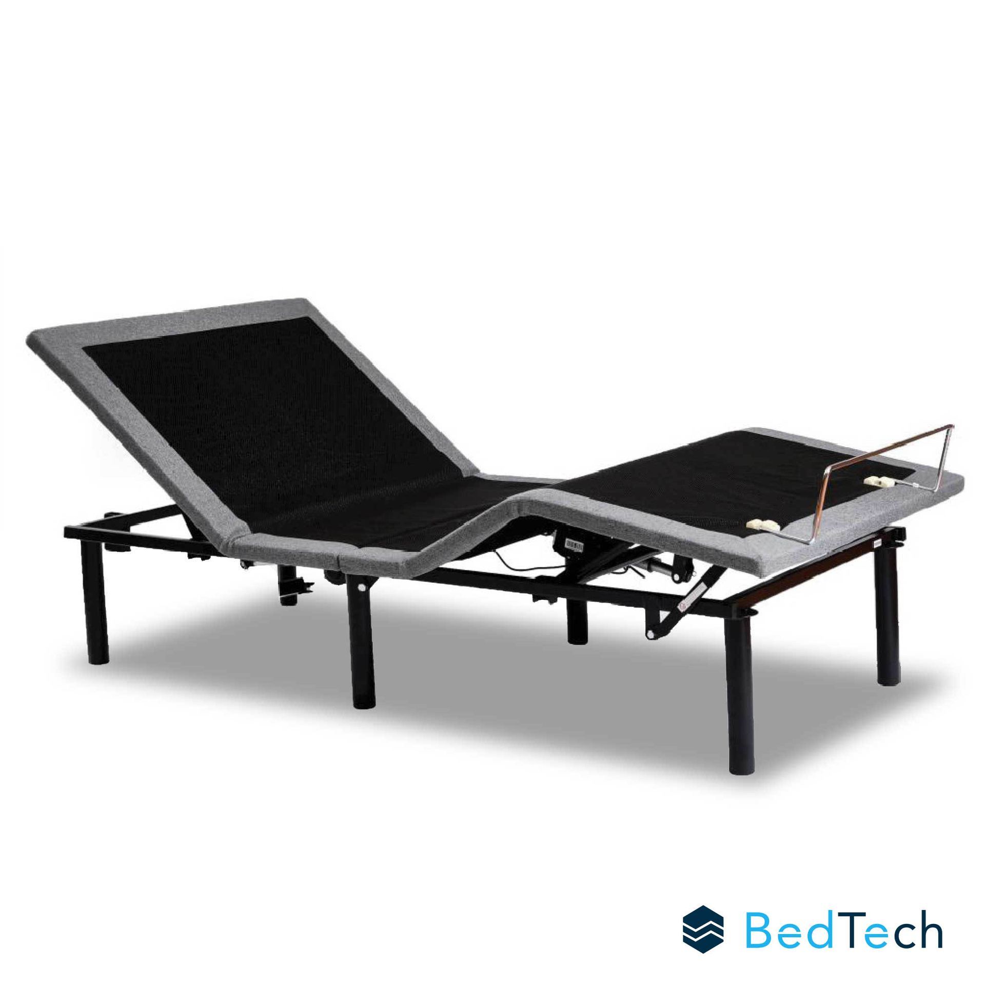 Adjustable black electric bed with raised back and knee sections, shown on a white background