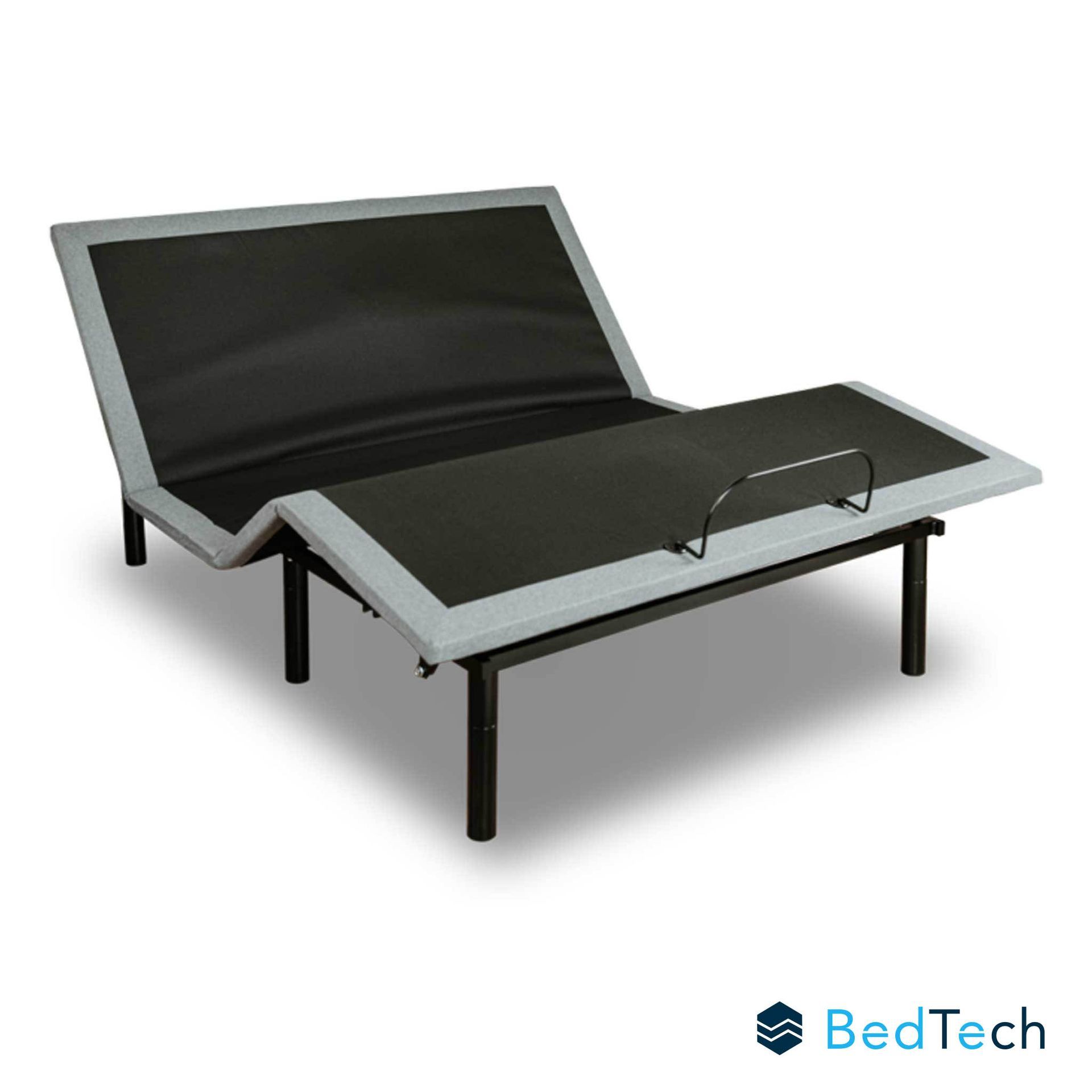 Adjustable black and silver hospital bed with raised backrest and side rails on white background