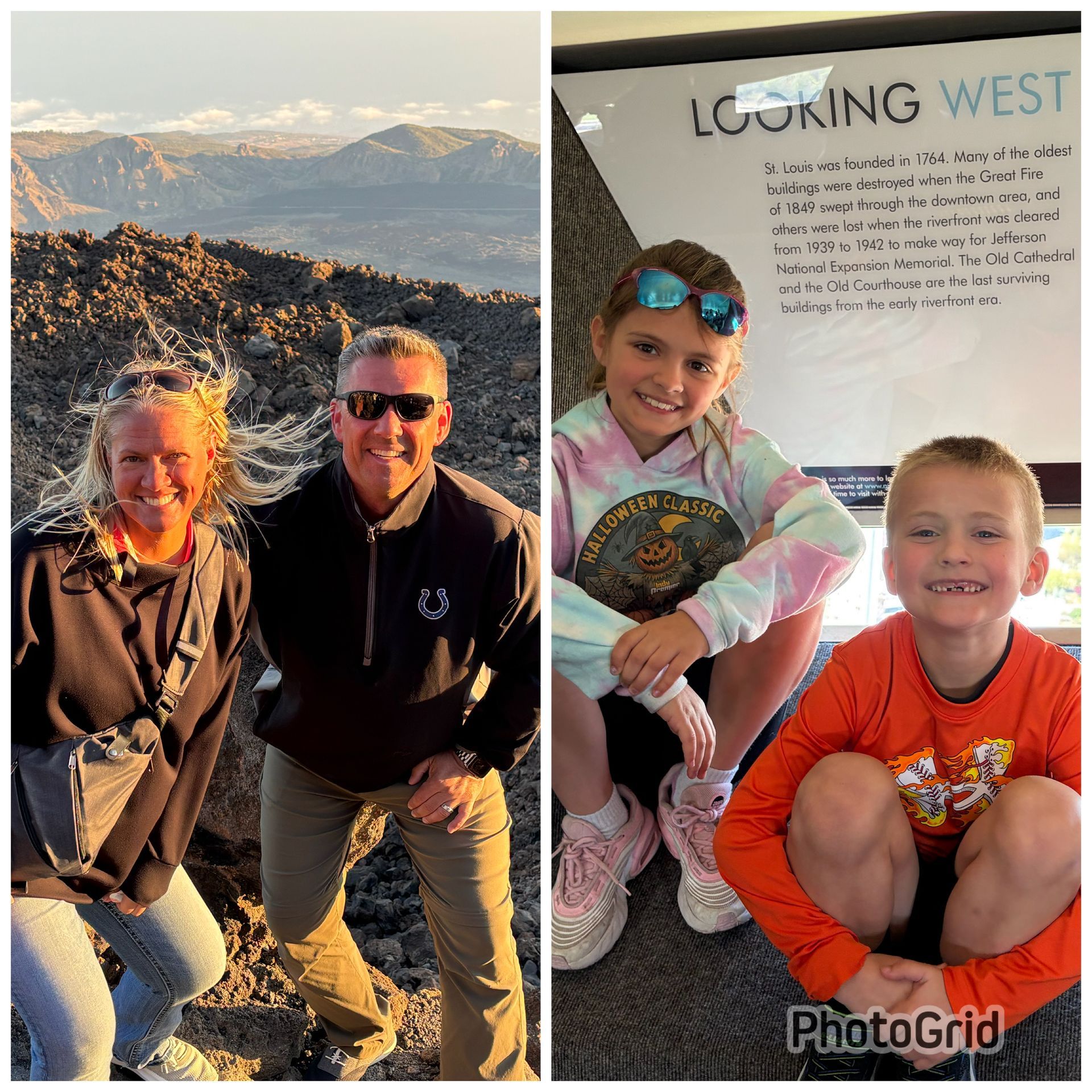 Two-panel collage: smiling people outdoors at sunset and two children sitting indoors by a “LOOKING WEST” sign.
