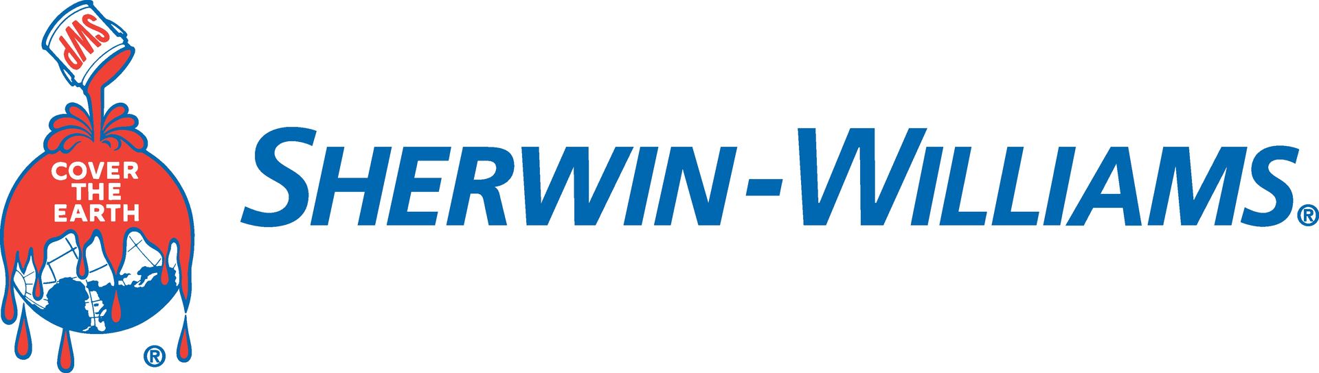 Sherwin-Williams logo: Paint can pouring red paint over the Earth, with the brand name in blue.