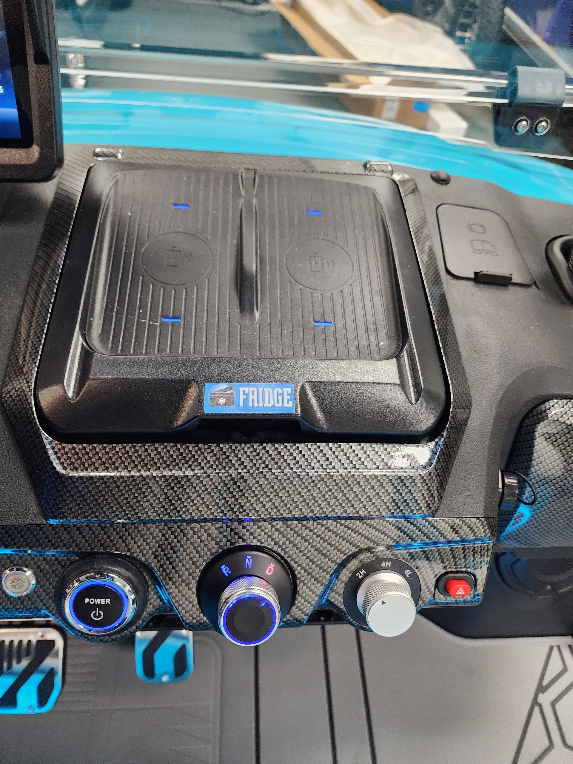 Dashboard interior with a central black console featuring a 