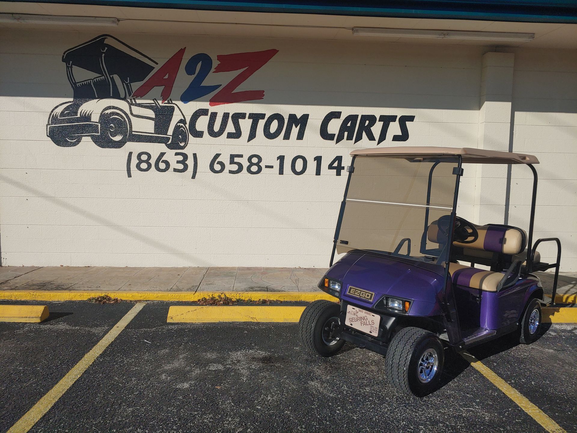 Purple golf cart in front of A2Z Custom Carts building; phone number (863) 658-1014 is visible.
