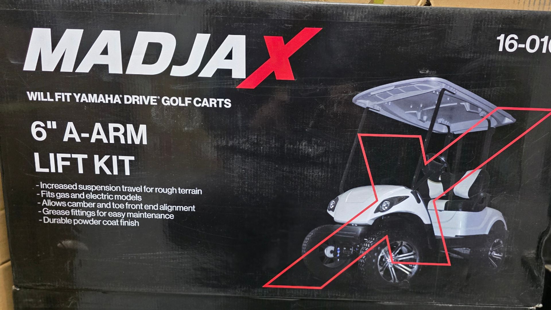 Madjax 6-inch A-arm lift kit box with white golf cart and red diagram on black background