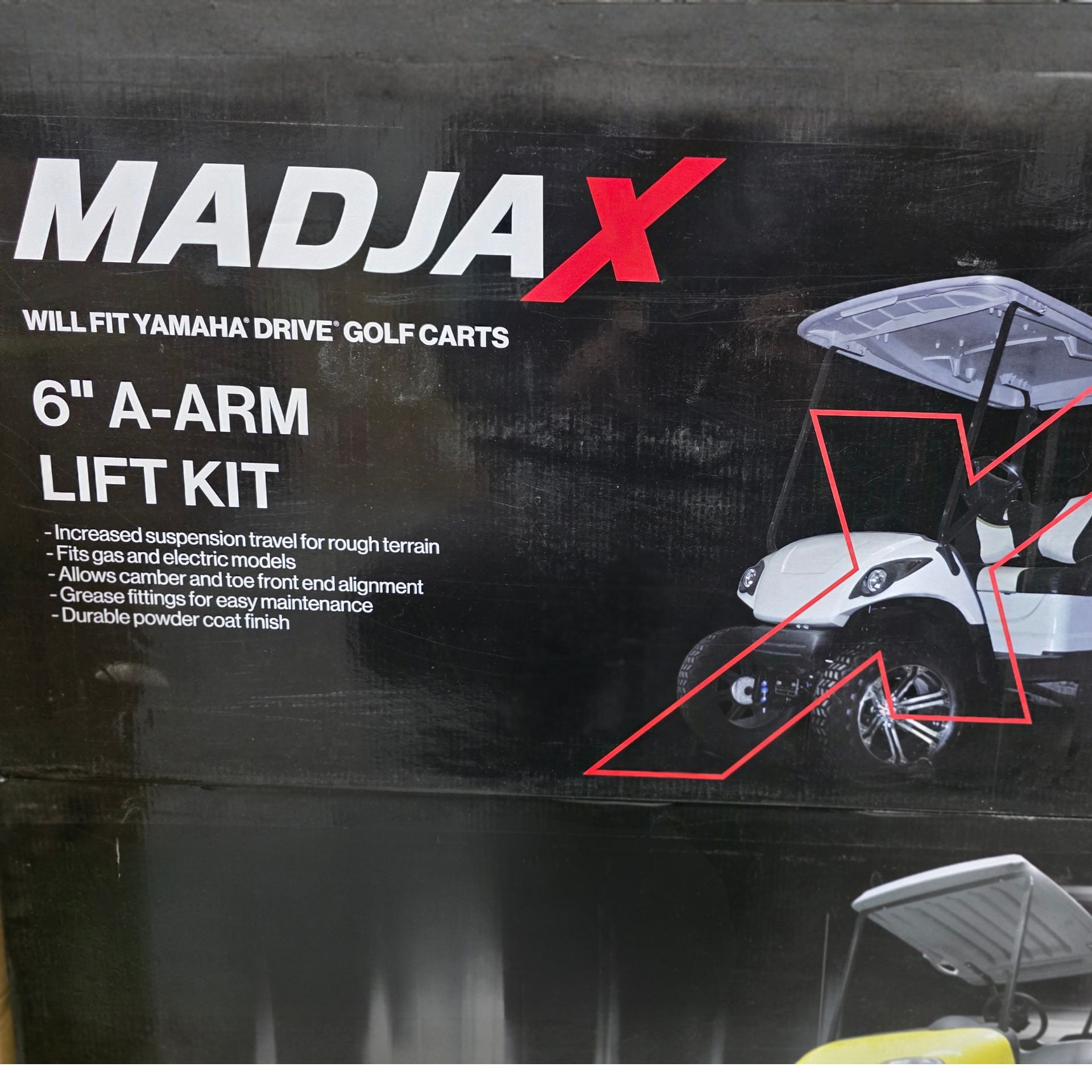 Madjax 6-inch A-arm lift kit box for Yamaha drive golf carts, black with red accents