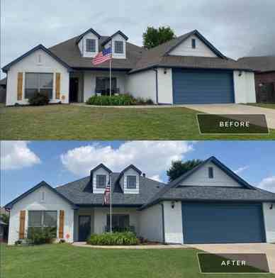 Comparison of a house before and after roof and paint updates; white house with blue door.