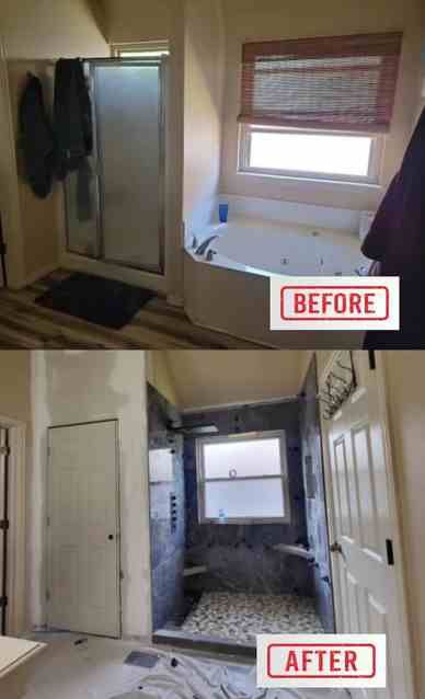 Bathroom before and after remodel. New tile shower and flooring.