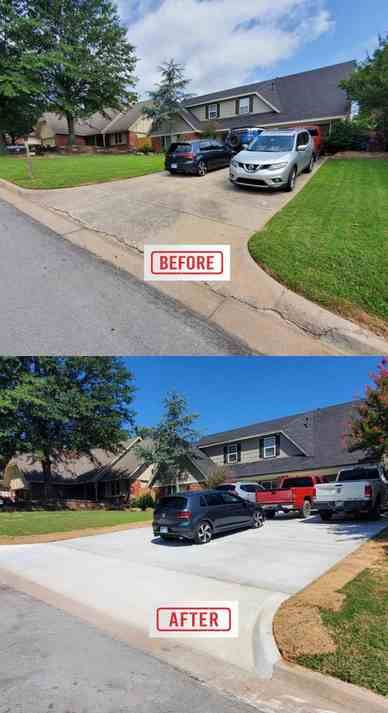 Before-and-after of a concrete driveway. Top shows cracked gray concrete; bottom shows smooth, new concrete. Cars parked in driveways.