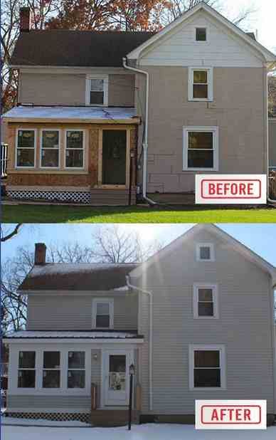 Before and after comparison of a two-story house exterior renovation. Light gray siding replaces stucco.