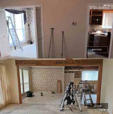 Before and after renovation: old rooms with wallpaper replaced with new space and doorway.
