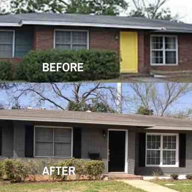 Side-by-side of a house before and after renovation. Dark gray exterior, black trim, and front door.