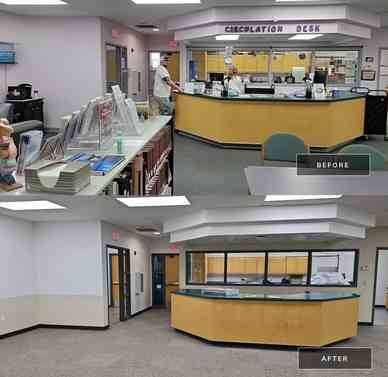 Before and after photos of a library circulation desk, showing a renovation.