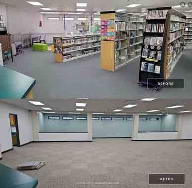 Top: Library with bookshelves. Bottom: Empty room with white walls, gray carpet.