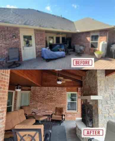 Before and after of a brick patio. The after shows a covered seating area with a fireplace.