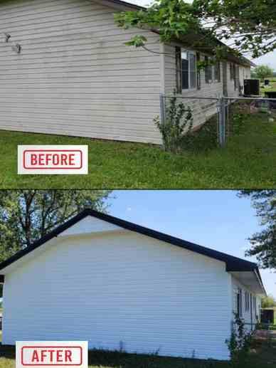 Comparison of a house before and after cleaning. Shows white siding, now bright. Green grass.