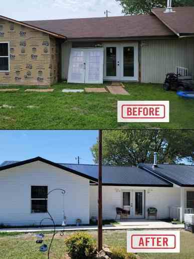 Before and after of a house renovation: old siding replaced with white, new dark roof, and updated patio.