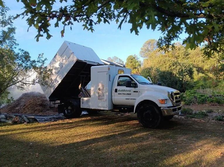 White dump truck with raised bed, unloading wood chips into a pile on a grassy lawn; trees in background.