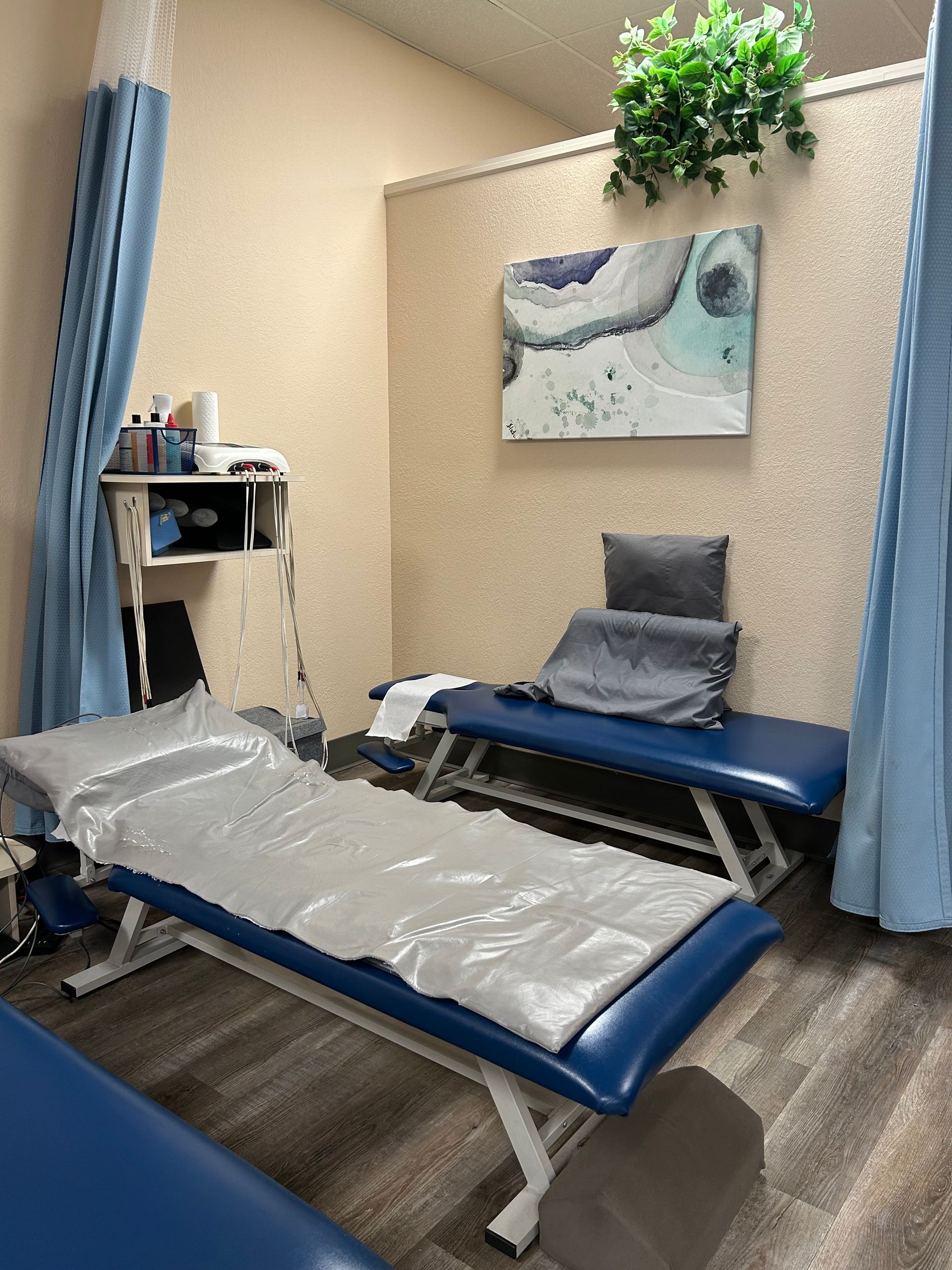 A hospital room with two beds and a painting on the wall.