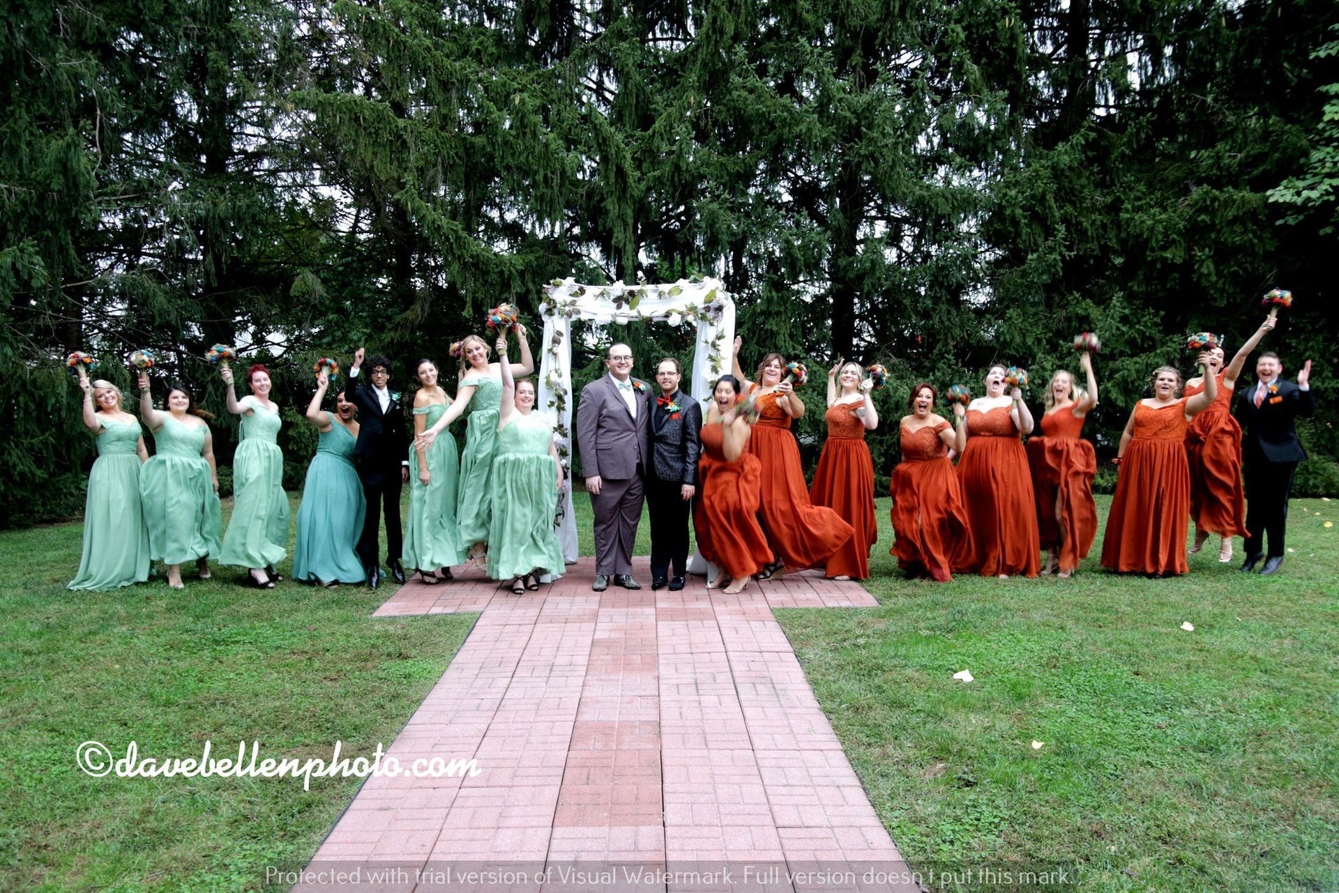 The bride and groom are posing for a picture with their wedding party.
