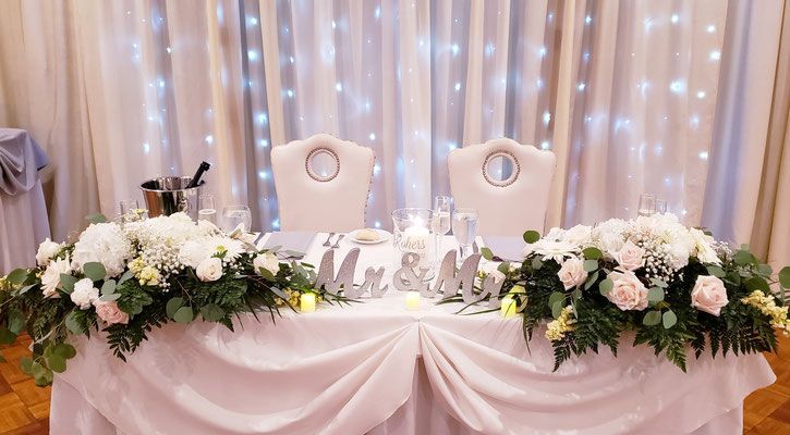 A table with flowers and candles on it in a room.