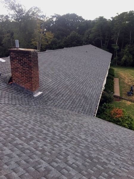 A roof with gray shingles, brick chimney, and trees in the background.