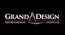 Logo for Grand Design Recreational Vehicles: white text and compass over a red bar on black background.