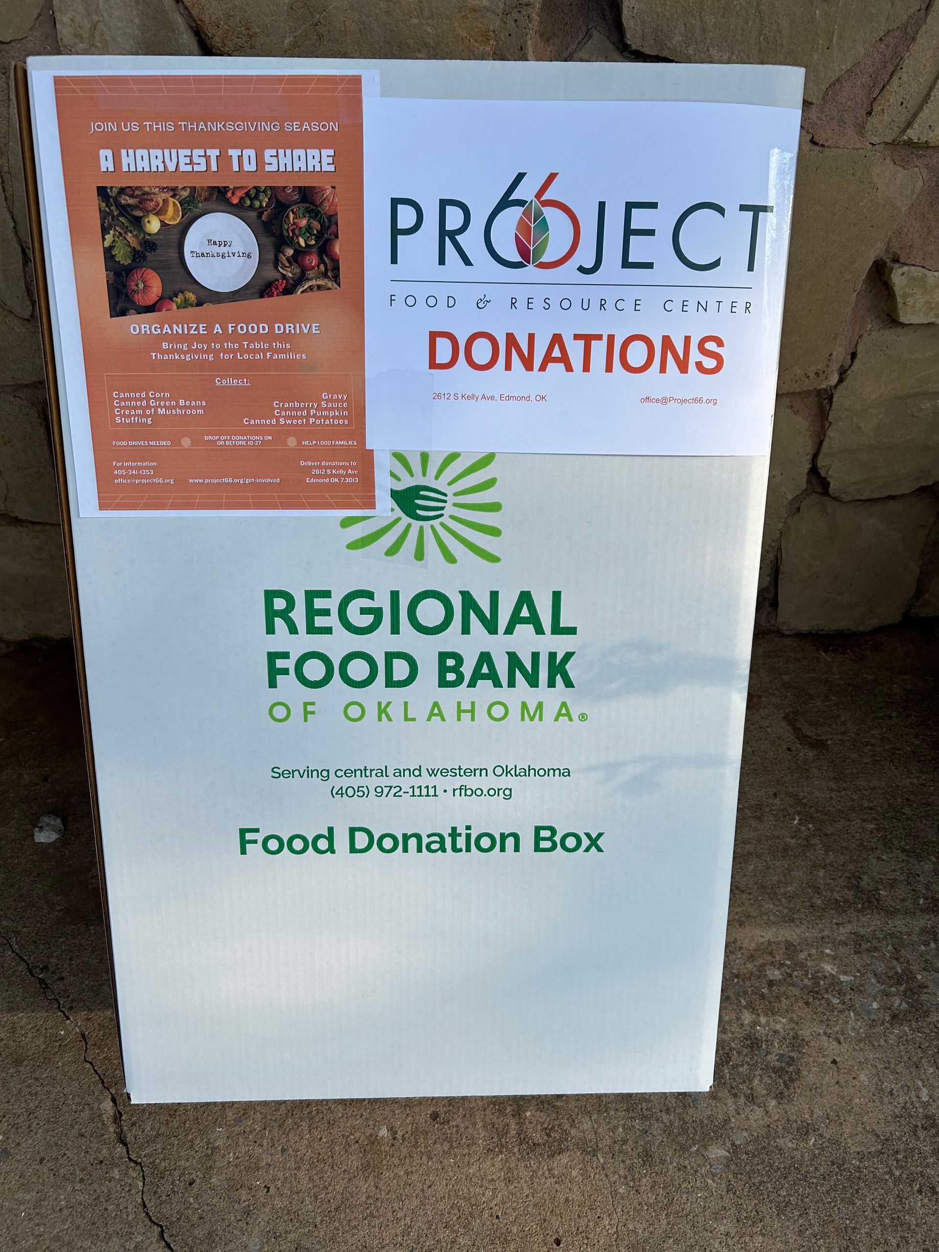 Food donation box from Regional Food Bank of Oklahoma, marked for Project 66 donations.
