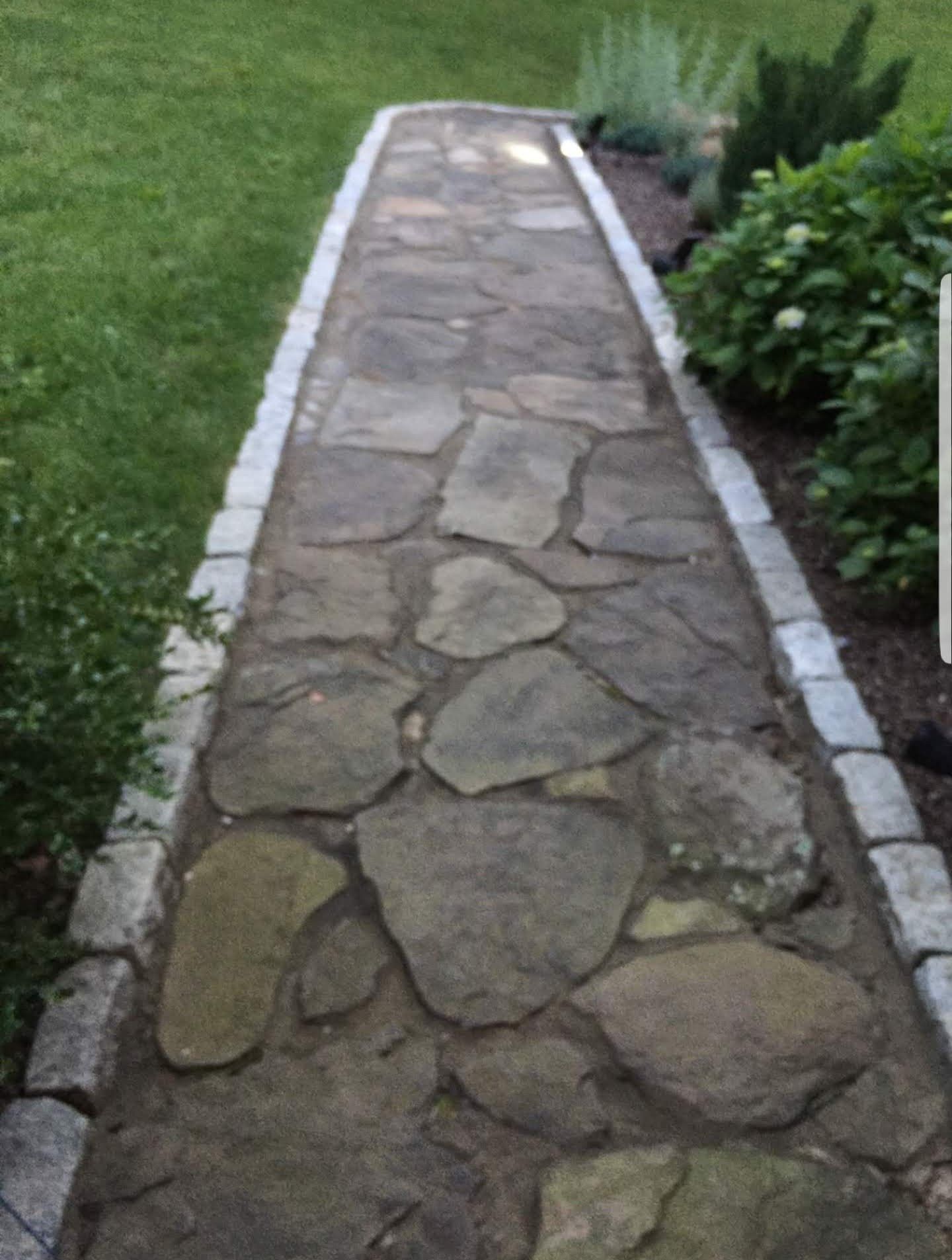 A stone walkway with irregular flagstones bordered by small grey paving bricks, set between a lawn and garden beds.