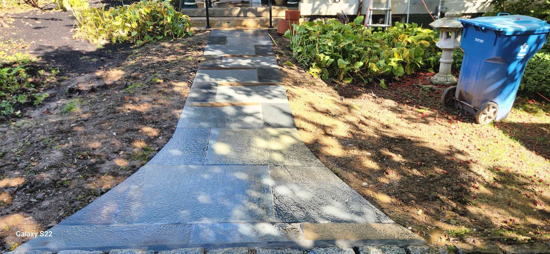 A gray stone walkway leads to a house, flanked by dirt patches, green shrubs, and a blue trash bin on the right.