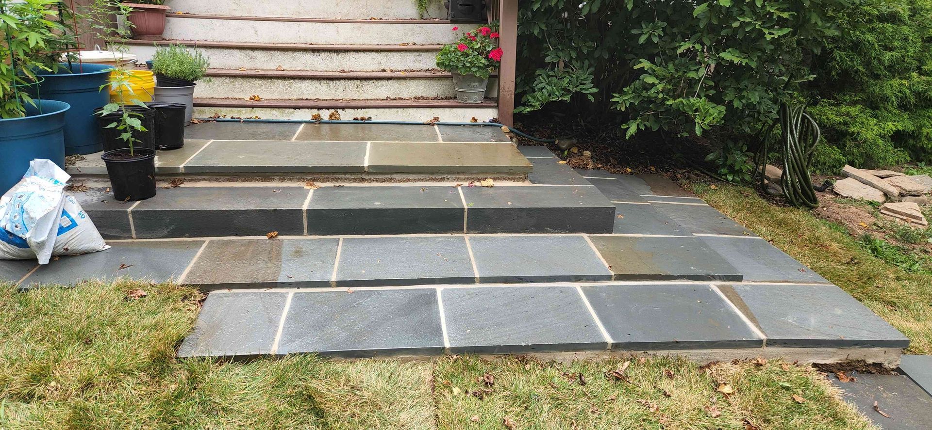Gray stone steps leading to a house entrance, surrounded by green grass and potted plants on the left.
