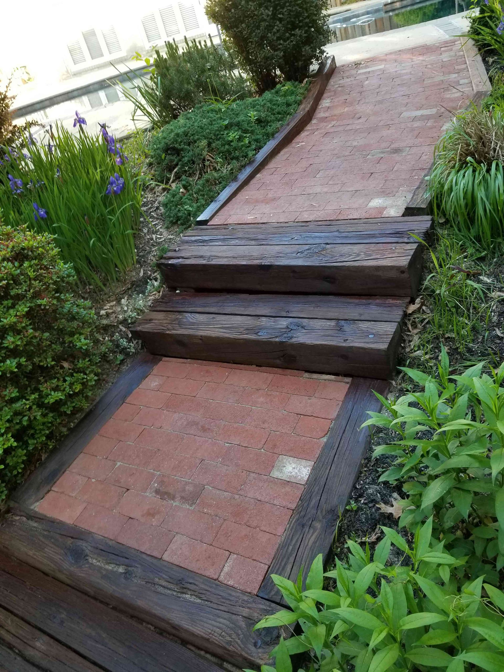 Red brick pathway with two dark wooden step-risers, surrounded by green garden plants and foliage.