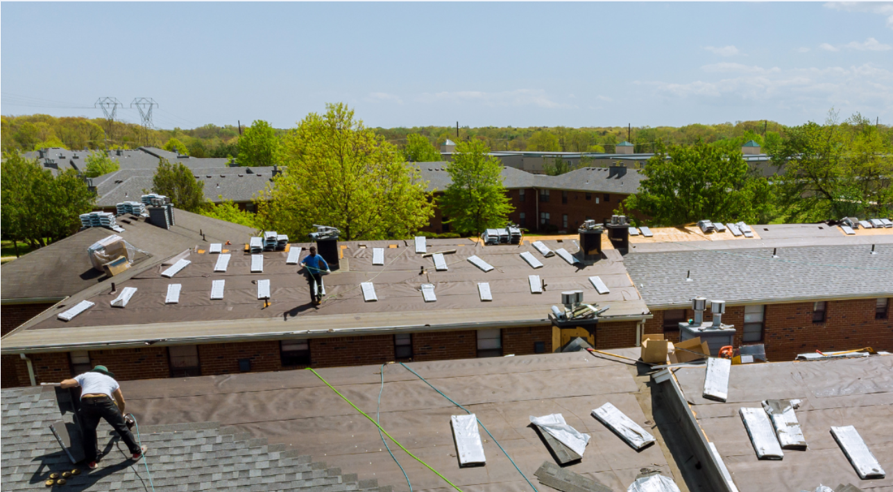 Roofers working on a building roof, placing materials. Sunny day with trees and power lines in the background.