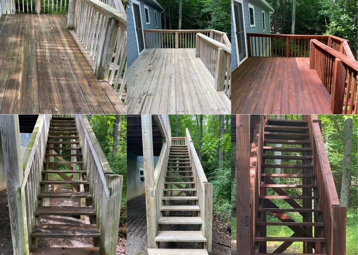 A collage of pictures of a wooden deck and stairs.