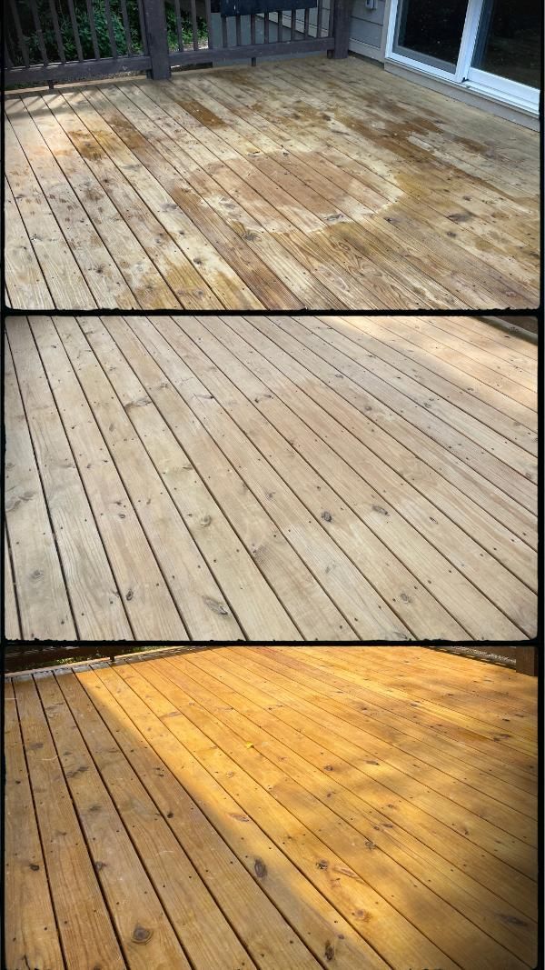 A before and after picture of a wooden deck.