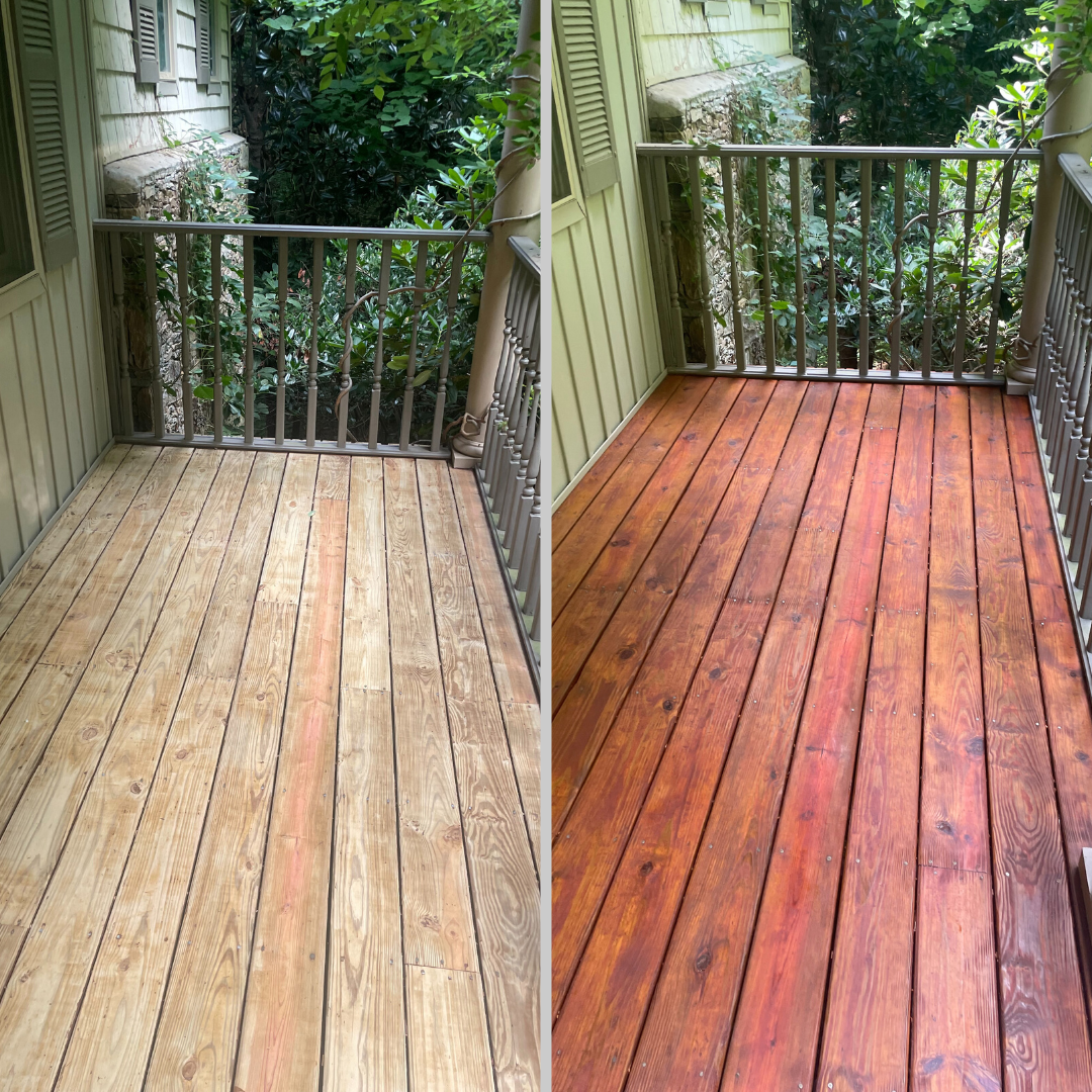 A before and after picture of a wooden deck.