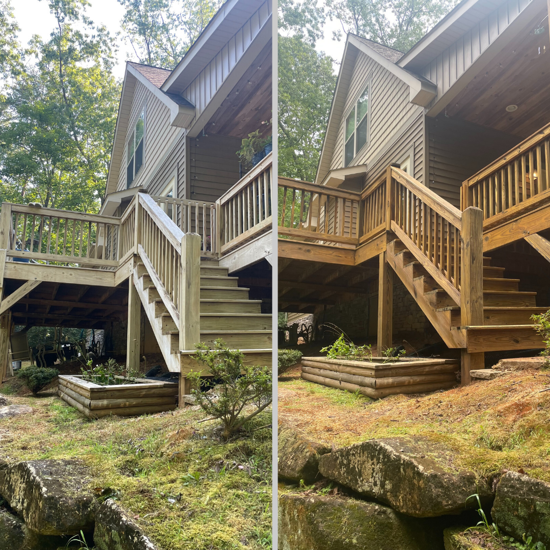 A before and after picture of a house with a wooden deck and stairs.
