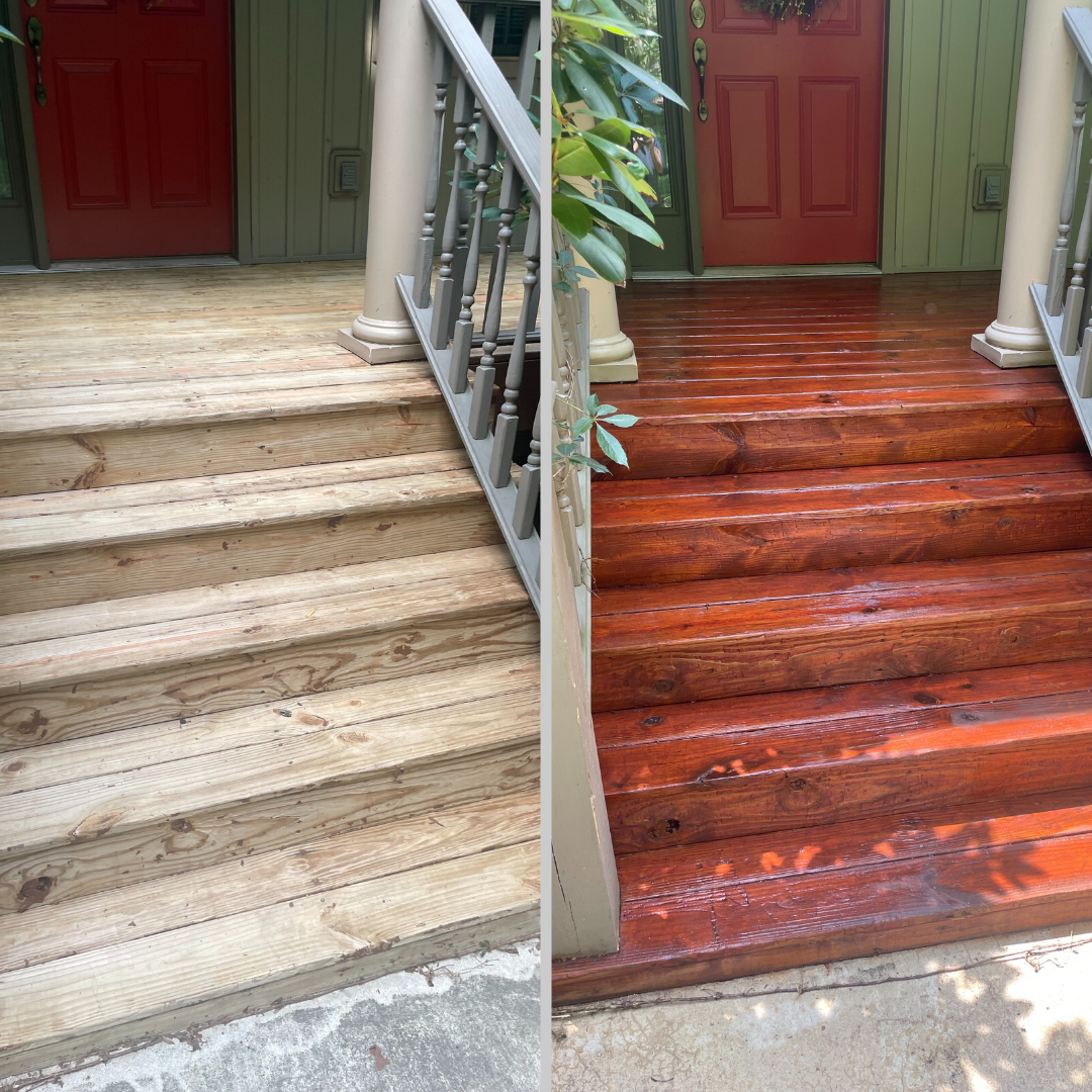 A before and after photo of a wooden porch.