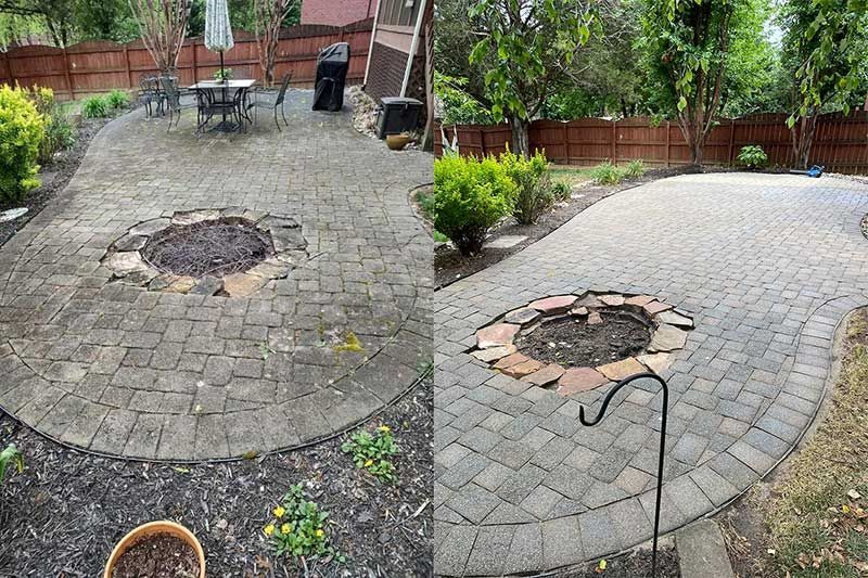 A before and after photo of a patio with a fire pit.